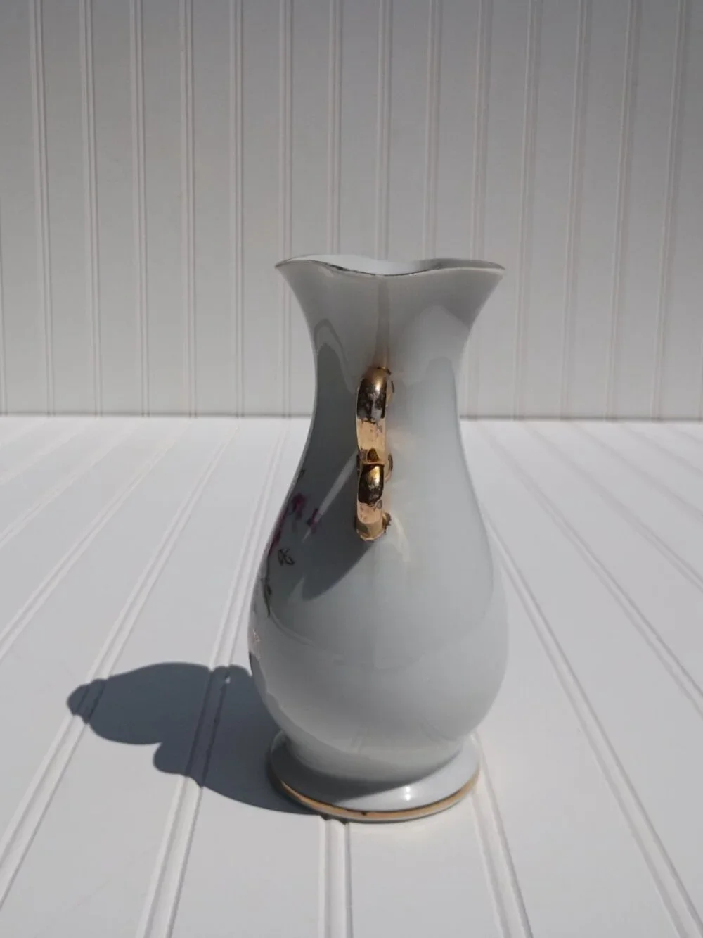 Vintage Japanese Porcelain Vase Pink Rose Floral Gold Trim Scroll Handles 7.25